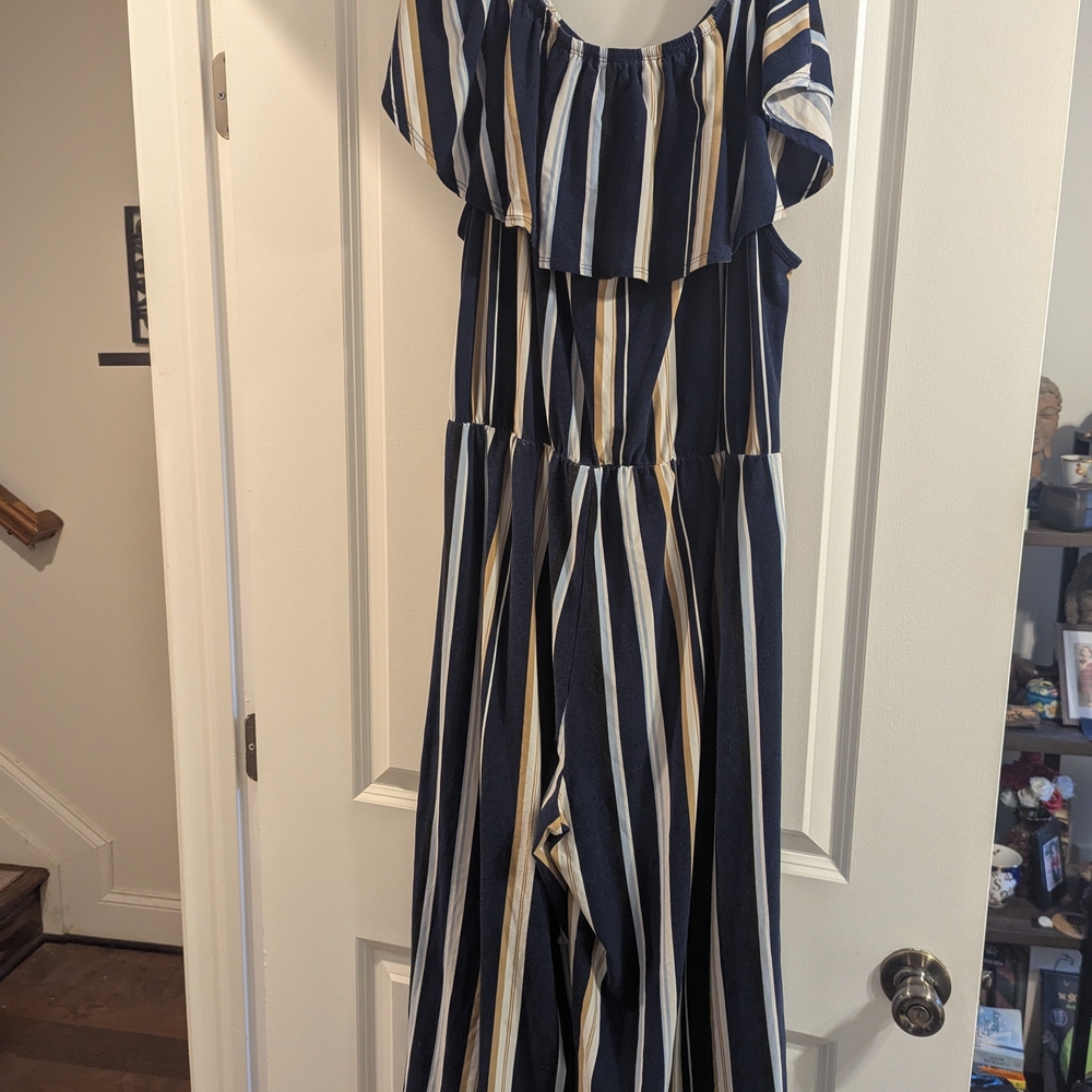 Navy Striped Off-Shoulder Jumpsuit